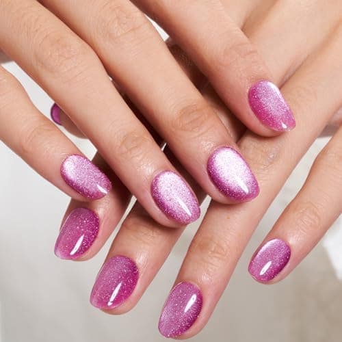 GLAMERMAID Press on Nails Short Oval, Light Purple Cat Eyes Handmade Fall Gel Glue on Nails, 24Pcs Glossy Round Reusable UV Finish Fake Nails Acrylic False Nails Manicure Kits for Women - Thumbnail 2