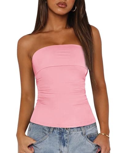 BTFBM Womens Strapless Tube Tops Spring Summer Clothes 2026 Trendy Casual Ruched Stretchy Going Out Bodycon Bandeau Top(Pink, X-Large) - Image 1