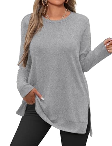 JUSTFASHIONNOW Womens Long Sleeve Tunic Tops to Wear with Leggings Crew Neck Side Split Layering Shirts Loose Fit Long Tops Light Gray - Image 1
