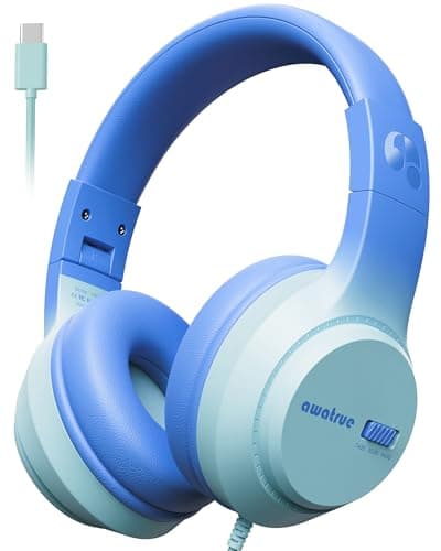 awatrue USB-C Kids Headphones, 74/85/94dB Volume Limiter, Foldable Wired Over Ear Headphones for Travel, Toddler Headphones for School, Travel, iPad, Tablet, Blue Gradient
