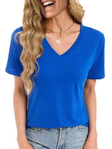 Womens T Shirts Summer Tops Short Sleeve V Neck Dressy Casual Blouses Work Plus Size Tunic Vacation Boho Outfits, Royal Blue S - Image 1