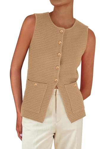 PRETTYGARDEN Women's 2026 Spring Sweater Vest Sleeveless Button Down Knit Cardigan Tank Tops Summer Business Casual Outfits (Khaki,Medium) - Image 1