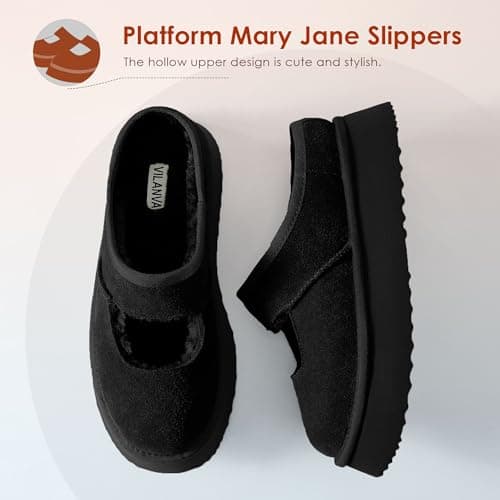Vilanva Black Platform Slippers for Women Cozy Fur Lined Slip on Mary Jane Winter Shoes Warm Comfy House Slippers for Indoor Outdoor Size 9 - Thumbnail 4