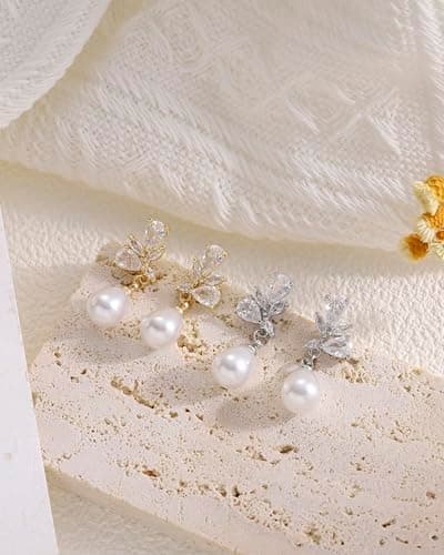 Pearl Earrings for Women, Hypoallergenic Silver Cubic Zirconia Pearl Drop Earrings Bridal Shower Gifts for Wedding Party - Thumbnail 5