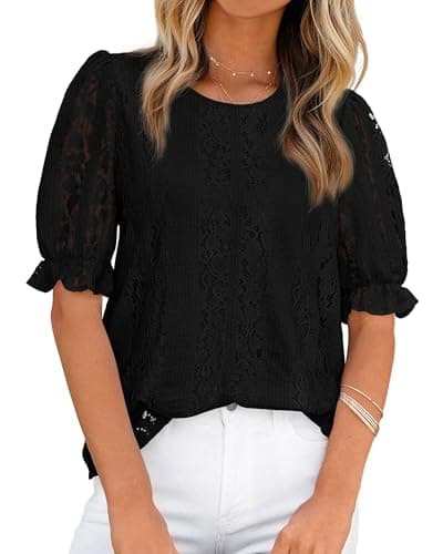KIRUNDO Lace Tops for Women Trendy 2026 Summer Work Blouse Casual Crewneck Hollow Out Short Sleeve Shirts Beach Vacation(Black, Large) - Image 1