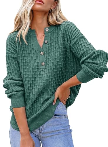 Dokotoo Sweaters for Women Plus Size Fall Outfits Clothes Fashion Lightweight Henley Shirts Button Sweaters Long Sleeve V-Neck Knit Tops Green Pullover Jumper Top Large - Image 1