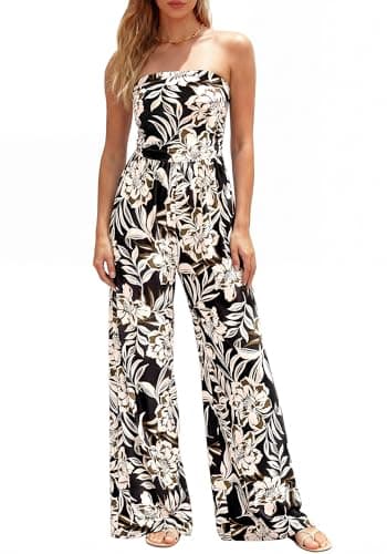 BTFBM Jumpsuits For Women Casual 2026 Floral Strapless Jumpsuit Wide Leg Rompers Beach Vacation Clothes Summer Outfits(Floral Black Beige, X-Small) - Image 1