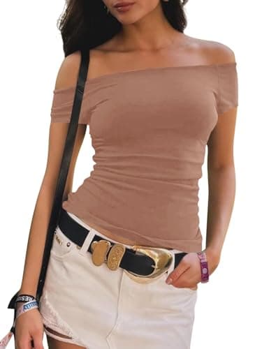 Imily Bela Womens Off The Shoulder Tops Short Sleeve Top Quick Dry T Shirts Trendy Y2k Going Out Crop Tops Slim Fit 2025 Orange Red - Image 1