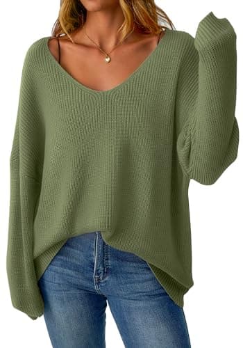 GKBK Oversized Sweaters for Women Deep V Neck Off The Shoulder Sweatshirt Casual Sexy Loose Fit Soft Chunky Pullover Fall Fashion Outfits 2026 Trendy Army Green - Image 1