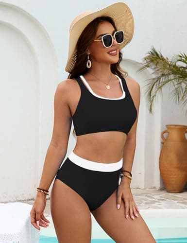 CiCiBird Women's High Waisted Bikini Set Sporty Color Block Bathing Suits Tummy Control Two Piece Swimsuits Black Small - Thumbnail 3