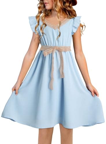 blibean Tween Girls Dresses Summer Short Sleeve Kids Girl Wedding Guest Dress Boho Bohemian Casual Swing Outfit Fashion Semi Formal Party Graduation Clothes Size 14 15 16 Year Old Blue - Image 1