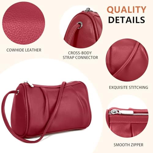 Genuine Leather Hobo Crossbody Bags for Women, Designer Barrel Purse Fashion Wrinkle Design Shoulder Cylinder Bag for Parties Dating and Casual Outings, Burgundy - Thumbnail 6