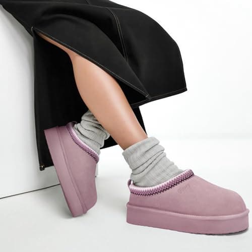 FITORY Women's Suede Slipper | Flat Short Mini Boots with Fur Fleece | Winter Casual Comfort Shoes Purple Platform Size 6 - Thumbnail 2