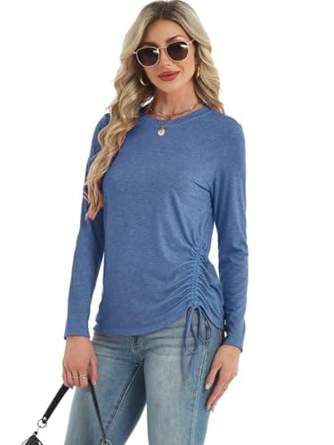 AIZHINENG Womens Long Sleeve Shirts Crewneck Tops Casual Fall Spring Trendy T-Shirts Outfits Clothes 2025 Blue - Thumbnail 3