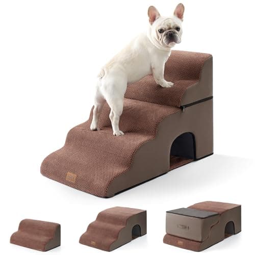 COZY KISS Wide Dog Stairs with Tunnel, Foam Detachable Large Dog Step for Small Pet, Puppy or Cats, Medium Pet Ramp for High Bed, Couch, Sofa or Car, 19.7x33x22.4 inch, 5 Step, Brown - Image 1