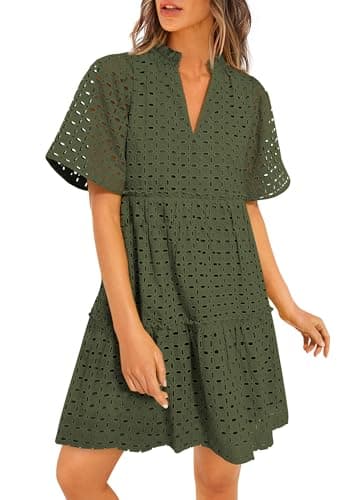 PRETTYGARDEN Eyelet Dresses for Women 2026 Summer Short Sleeve V Neck Hollow Out Ruffle A Line Boho Beach Vacation Mini Dress (Army Green,X-Large) - Image 1