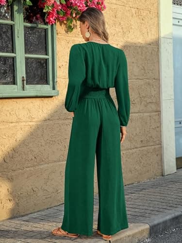 LOOKBOHO Womens Long Sleeve Jumpsuits Dressy Casual 2026 V Neck High Waist One Piece Outfits Wide Leg Romper Green X-Large - Thumbnail 3