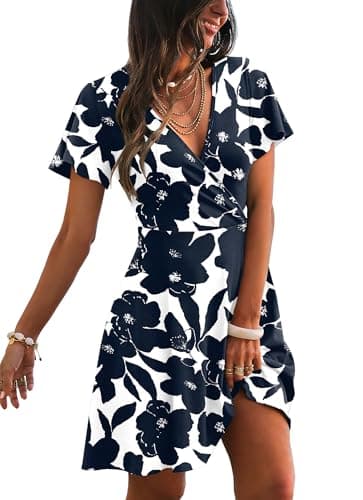 RUMIA Sundresses for Women 2026 Summer Beach Dresses Party A-line Wrap V Neck Dress Spring Clothing Floral Navy 02 L - Image 1