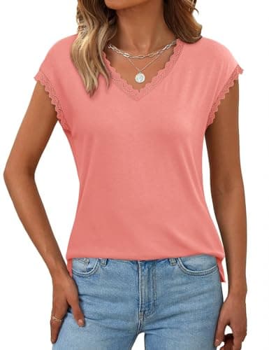 JUSTFASHIONNOW Cap Sleeve Tops V Neck Tshirts Shirts for Women Business Dressy Casual Blouses Summer Beach Vacation Clothes(Coral,XX-Large) - Image 1