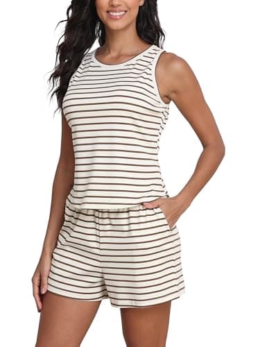 COCOMARTS Womens 2 Piece Sets Striped Sleeveless Tank Tops Matching Shorts Casual Loungewear Pajama Sets Fashion Outfits 2025 Apricot X-Large - Image 1