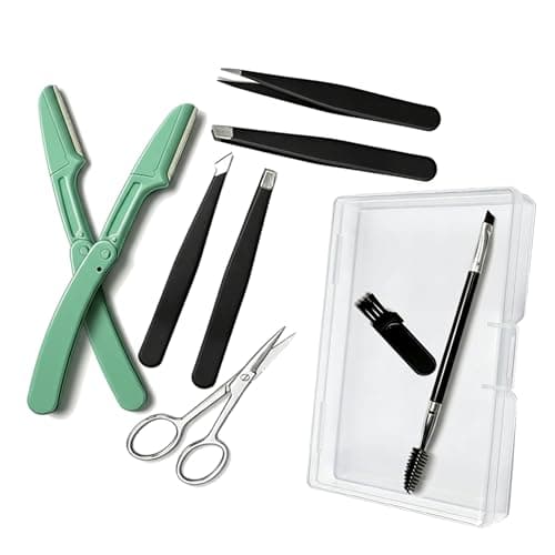 MIQUENYA 8 Pcs Eyebrow Kit, 4 Professional Eyebrow Tweezers for Women, 2 Green Foldable Eyebrow Razors, Small Eyebrow Scissors, Nose Hair Scissors, Eyebrow Brush, Portable Plastic Case,Black - Image 1