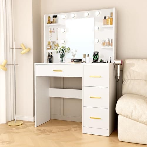 HABIUBIU 35 Small Vanity Desk with Mirror and Lights,10 Lights,3 Color Modes,Makeup Vanity Desk with 4 Storage Shelves 4 Drawers and Power Outlet,White vanitys-New Upgraded Quality - Image 1