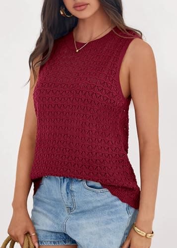 KIRUNDO Sweater Vest Women Crochet Tank Tops 2026 Spring Summer Sleeveless Knit Pullover Beach Cover Up Vacation Outfits (Red, Medium) - Thumbnail 6