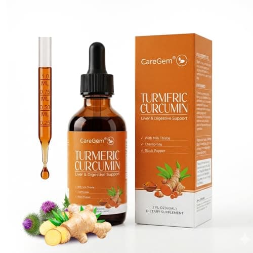 CareGem Turmeric Curcumin Complex Liquid Drops with Milk Thistle, Dandelion & Chamomile | High-Absorption Herbal Blend with Black Pepper & Ginger | Orange Flavor | 2 fl oz - Image 1