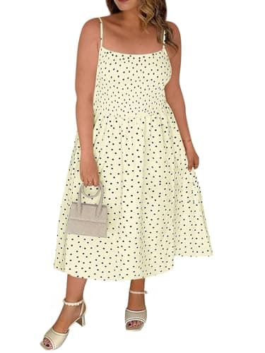 Beautife Women's Plus Size Midi Dress Summer Polka Dot Square Neck Long Dresses Spaghetti Strap Smocked Beach Sundress - Image 1