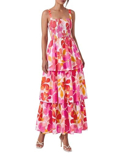 BTFBM Spring Dresses for Women 2026 Floral Spaghetti Strap Wedding Guest Dress Maxi Beach Vacation Clothes(Floral White Pink,Small) - Image 1