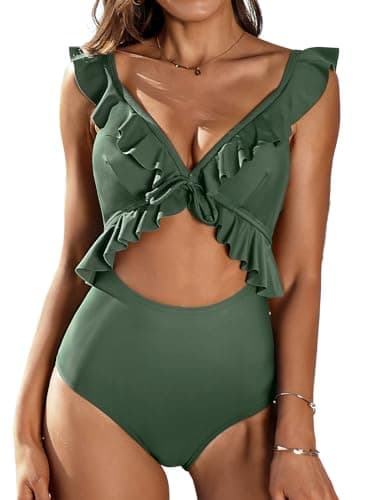 SOCIALA Womens One Piece Swimsuits Ruffle Cut Out Sexy Bathing Suit for Swimwear Strappy Monokinis(Large, Dark Green) - Image 1