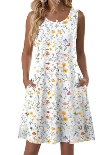 Zeagoo Womens Casual Dress Summer Floral Tshirt Dress Trendy Beach Sundress Hawaiian Print Sleeveless Flare Mini Boho for Tropical Trips Holiday - Image 1