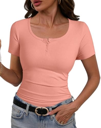 Womens Short Sleeve Tops Stretchy Scoop Neck Henley T-Shirts Ribbed Shirts Fitted Casual Basic Top T-Shirts Soft Summer Shirts 2026 Coral XL - Image 1