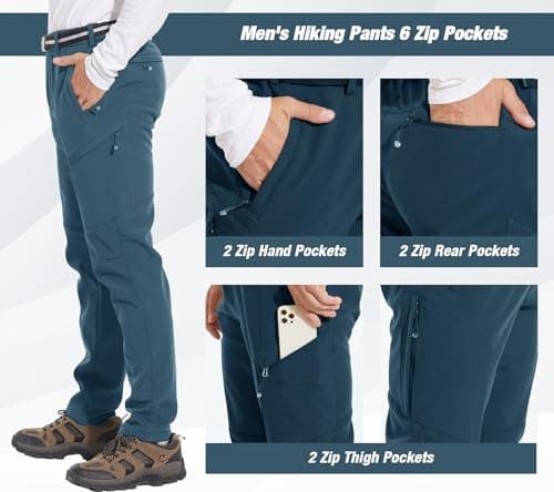 MOURCE Men's Fleece Lined Pants Softshell, Winter Pants for Men Water Resistant Ski pants, Lake Blue 4XL - Thumbnail 6