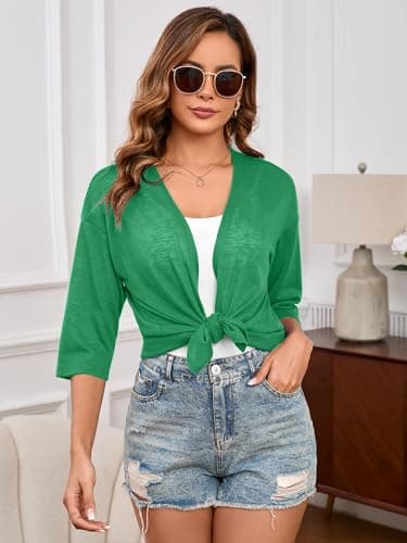 Heymoments Cardigan for Women Green Large Draped 3/4 Sleeve Open Front Lightweight Casual Soft Drape Summer Fall Kimonos Cardigans - Thumbnail 3