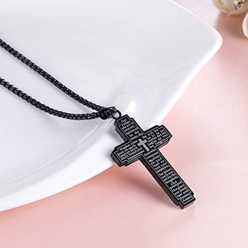 Rehoboth Stainless Steel Our Father Lord's Prayer Cross Pendant Necklace for Women Men Chain 24 Inch Black - Thumbnail 3