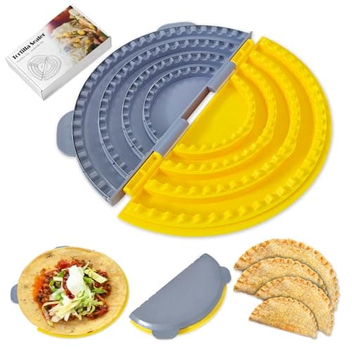 4-in-1 Tortilla Sealer Crimper Press – Adjustable 4"-6"-8"-10" Tortilla & Taco/Burrito Maker Tool with Metal Edge | Easy to Clean, BPA-Free, Durable & Fun for Family Cooking (Gray & Yellow)