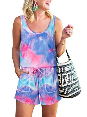 REORIA Womens Casual Summer One Piece Sleeveless Tank Top Striped Playsuits Short Jumpsuit Beach Rompers Tie Dye Blue Pink Small - Image 1