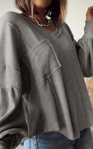 BTFBM Womens Fall Fashion 2026 Long Sleeve Shirts Casual V Neck Ribbed Knit Blouses Pullover Trendy Loose Fit Tunic Tops(Solid Grey, Small) - Thumbnail 4