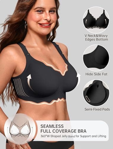 OEAK Womens Seamless Scalloped Bras No Underwire Push Up Full Coverage Anti Sagging Bra Comfortable Convertible Everyday Bra Black,L - Thumbnail 3