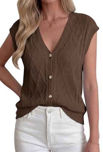 BTFBM Sweater Vest Women V Neck Cap Sleeve Button Down Knit Tops Spring Summer 2026 Loose Lightweight Cardigan Vests(Brown, X-Large) - Image 1