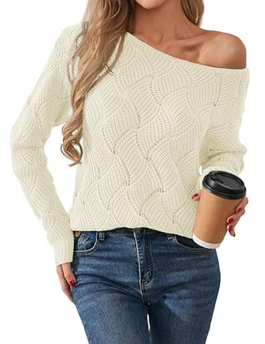 Libsorge Womens Sexy Off The Shoulder Sweater Spring 2025 Trendy Lightweight Ladies Dressy Casual Outfits Cute Crochet Waffle Knit Hollow Out Color Block V Neck Long Sleeve Pullover Top Apricot M - Image 1