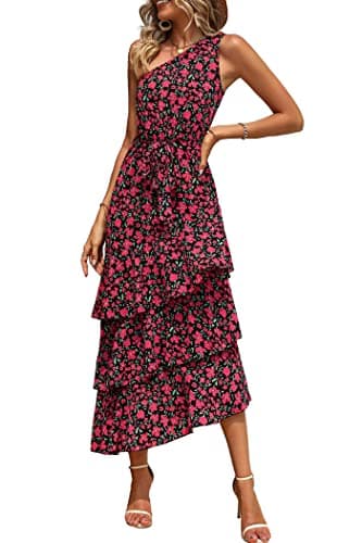 PRETTYGARDEN Women's Summer Floral Sundress Casual One Shoulder Tiered Ruffle Flowy Midi Beach Boho Dresses (Floral Black Red,Medium) - Image 1