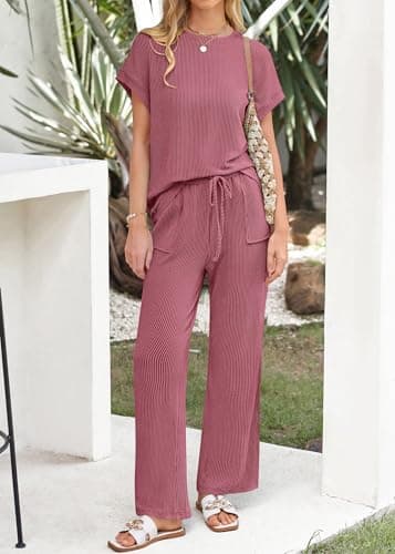 KIRUNDO 2 Piece Sets for Women Dressy Casual Ribbed Knit Short Sleeve Tops Wide Leg Pants Lounge Set Travel Airport Outfits(Purple Red, Small) - Thumbnail 3