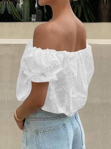 PRETTYGARDEN Women's Summer Off The Shoulder Tops 2026 Dressy Casual Puff Short Sleeve Embroidered Eyelet Cute Blouse Shirts(White,X-Large) - Thumbnail 2