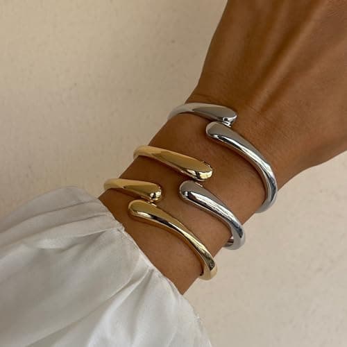 Gold Silver Bangles Bracelet for Women Trendy, 14K Gold Plated Dainty Thick Chunky Cuff Bracelet Stack - Thumbnail 4