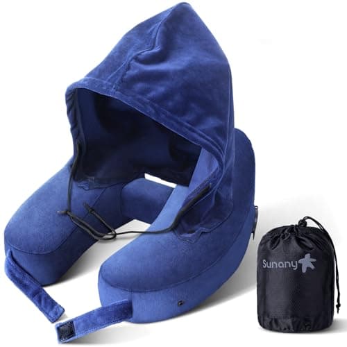 Sunany Neck Pillow for Travel Inflatable Airplane Pillow Comfortably Supports Head,Neck and Chin,Inflatable Travel Pillow with Soft Velour Cover,Hat,Portable Drawstring Bag (Blue) - Image 1