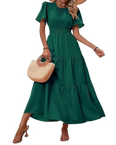 PRETTYGARDEN Women's Summer Casual Short Flutter Sleeve Round Neck Smocked Waist Tiered Boho Floral Flowy Maxi Dress(Solid Dark Green,Medium) - Image 1