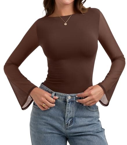 PINKMSTYLE Bell Sleeve Mesh Top Ruched Boat Neck Sheer Long Sleeve Tops for Women Country Club Outfits Brown Medium - Image 1