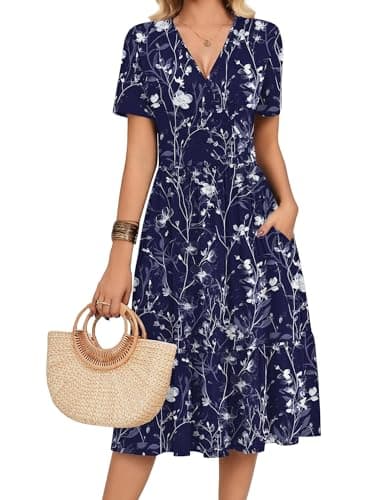 Zeagoo Short Sleeve Tiered Summer Casual Dresses for Women Midi Length Warp V-Neck Floral Beach Long Flowy A Line Dress with Pockets - Image 1